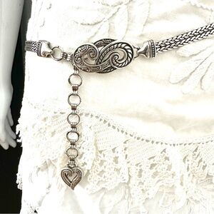 Brighton Bali Hai silver scroll chain belt heart charm. vintage 1990s 32” - 36”